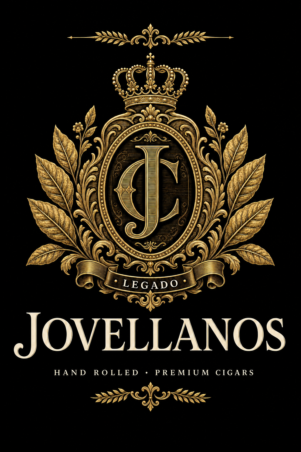 Jovellanos crest with crowned JC monogram, tobacco leaves, and Legado banner